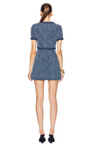 Resim Mavi Karışık Desenli Kısa Kollu Yuvarlak Yaka Mini Boy Elbise