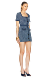Resim Mavi Karışık Desenli Kısa Kollu Yuvarlak Yaka Mini Boy Elbise