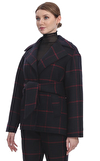 Resim Lacivert Kareli Uzun Kollu Ceket Yaka Yün Karışımlı Kaban