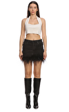 Resim Siyah Tüy Detaylı Normal Bel Mini Etek