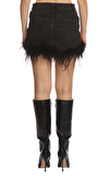 Resim Siyah Tüy Detaylı Normal Bel Mini Etek