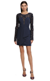 Resim Lacivert Tül Uzun Kol Yuvarlak Yaka Mini Elbise