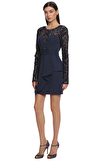 Resim Lacivert Tül Uzun Kol Yuvarlak Yaka Mini Elbise