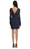 Resim Lacivert Tül Uzun Kol Yuvarlak Yaka Mini Elbise