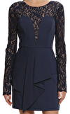 Resim Lacivert Tül Uzun Kol Yuvarlak Yaka Mini Elbise