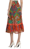 Resim Kırmızı Çiçek Desenli Normal Bel Midi Etek