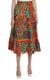 Resim Kırmızı Çiçek Desenli Normal Bel Midi Etek