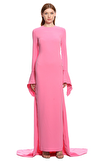 Resim Toz Pembe Uzun Kol Bisiklet Yaka Maksi Boy Uzun Elbise