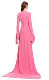 Resim Toz Pembe Uzun Kol Bisiklet Yaka Maksi Boy Uzun Elbise