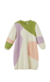 Resim Çok Renkli Örgü Detaylı Uzun Kol Bisiklet Yaka Pamuk Maksi Boy Triko Kız Çocuk Elbise