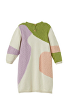 Resim Çok Renkli Örgü Detaylı Uzun Kol Bisiklet Yaka Pamuk Maksi Boy Triko Kız Çocuk Elbise