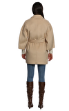 Resim Bej Kemer Detaylı Uzun Kollu Kruvaze Yakalı Yünlü Kaban