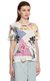 Resim Çok Renkli Çiçek Desenli Sıfır Yaka Pamuk Bluz