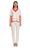 Resim Beyaz Çizgili Kısa Kollu V Yaka Kadın Kazak
