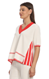 Resim Beyaz Çizgili Kısa Kollu V Yaka Kadın Kazak