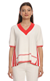 Resim Beyaz Çizgili Kısa Kollu V Yaka Kadın Kazak