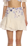Resim Ekru Çiçek Desenli Volanlı Normal Bel Mini Etek