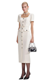 Resim Krem Rengi Kısa Kollu V Yaka Midi Boy Elbise