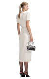 Resim Krem Rengi Kısa Kollu V Yaka Midi Boy Elbise