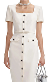 Resim Krem Rengi Kısa Kollu V Yaka Midi Boy Elbise