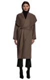 Resim Kahverengi Dökümlü Kesim Kemerli Şal Yakalı Yün Kaban