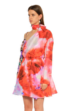 Resim Çok Renkli Karışık Desenli Uzun Kol V Yaka İpek Mini Boy Elbise