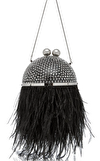 Resim Siyah Kristal Taş İşlemeli Metal Yüzey ve Tüy Detaylı Gece Çantası