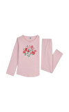 Resim Pudra Rengi Çiçek Desenli Uzun Kol Yuvarlak Yaka Pamuk Kız Çocuk Pijama Takımı