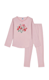 Resim Pudra Rengi Çiçek Desenli Uzun Kol Yuvarlak Yaka Pamuk Kız Çocuk Pijama Takımı