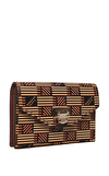 Resim Kahverengi Geometrik Desenli Pamuk Keten Karışımlı Cüzdan