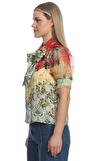 Resim Çok Renkli Çiçek Desenli Kısa Kol Fular Detaylı Gömlek