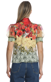 Resim Çok Renkli Çiçek Desenli Kısa Kol Fular Detaylı Gömlek