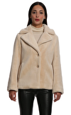 Resim Bej Kürk Görünümlü Uzun Kollu Şal Yaka Mont