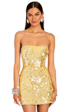 Resim Sarı Pul Payetli Straplez Yaka Mini Boy Elbise
