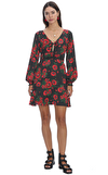 Resim Siyah Çiçek Desenli Karpuz Kol V Yaka Mini Boy Elbise