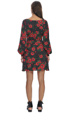 Resim Siyah Çiçek Desenli Karpuz Kol V Yaka Mini Boy Elbise