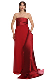 Resim Kırmızı Straplez Yaka Maksi Boy Uzun Elbise