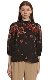 Resim Siyah Çiçek Desenli Uzun Kol Dik Yaka Bluz
