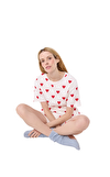 Resim Çok Renkli Kalp Desenli Kısa Kollu Pamuk Kadın Pijama Takımı