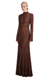 Resim Kahverengi Pul Payetli Uzun Kol Dik Yaka Maksi Boy Elbise