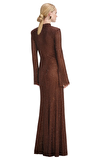 Resim Kahverengi Pul Payetli Uzun Kol Dik Yaka Maksi Boy Elbise