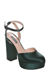 Resim Yeşil Saten Kalın Topuklu Ayakkabı