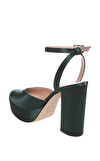 Resim Yeşil Saten Kalın Topuklu Ayakkabı