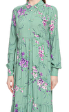 Resim Su Yeşili Çiçek Desenli Uzun Kol Gömlek Yaka Maksi Boy Uzun Elbise