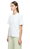 Resim Beyaz Kısa Kollu Bisiklet Yaka Pamuk Kadın T-Shirt