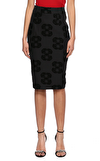 Resim Siyah Desenli Normal Bel Midi İpek Karışımlı Etek