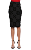 Resim Siyah Desenli Normal Bel Midi İpek Karışımlı Etek