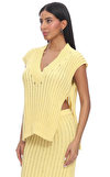 Resim Sarı Örgü Kolsuz Derin V yaka Pamuklu Bluz