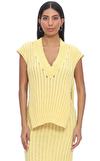 Resim Sarı Örgü Kolsuz Derin V yaka Pamuklu Bluz