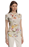 Resim Beyaz Çiçek Desenli Kısa Kol Yuvarlak Yaka Bluz